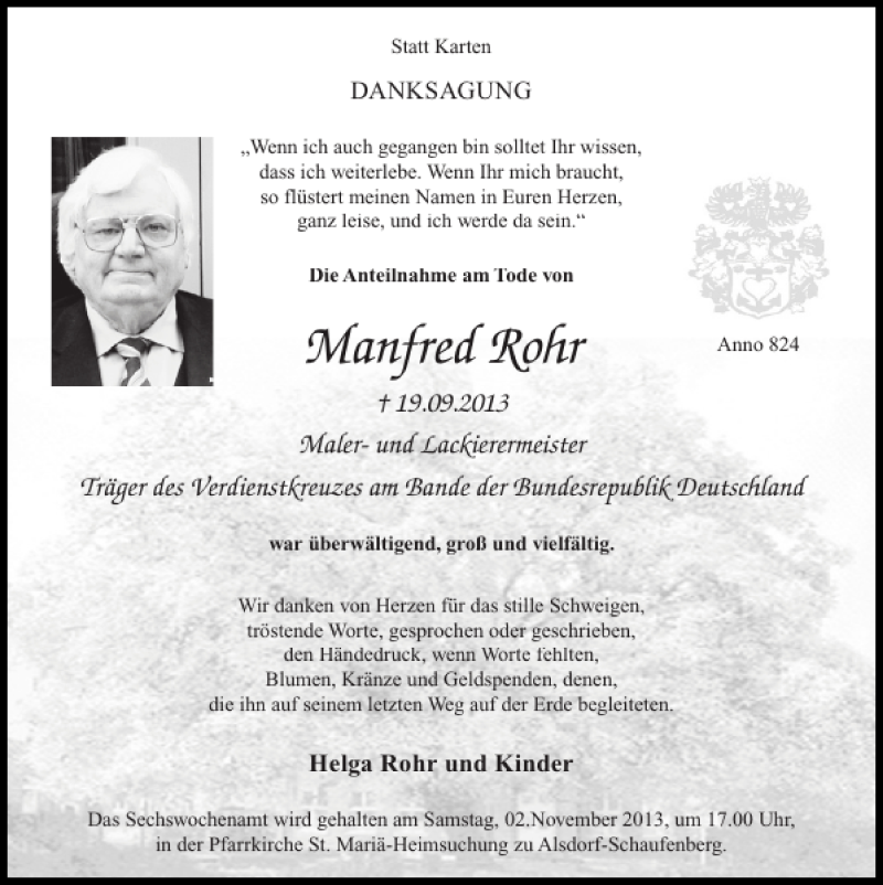  Traueranzeige für Manfred Rohr vom 27.10.2013 aus Super Sonntag / Super Mittwoch