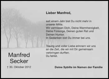 Traueranzeige von Manfred Secker von Aachener Zeitung / Aachener Nachrichten