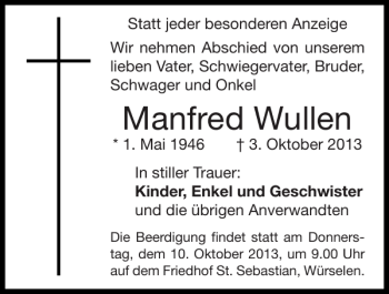 Traueranzeige von Manfred Wullen von Super Sonntag / Super Mittwoch