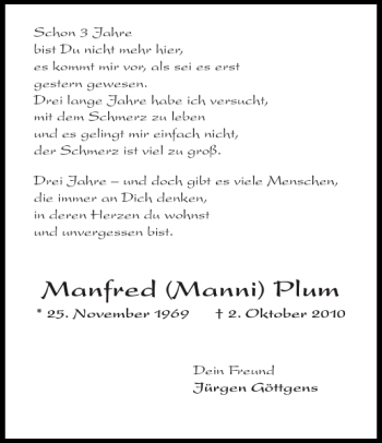 Traueranzeige von Manfred Manni Plum von Super Sonntag / Super Mittwoch