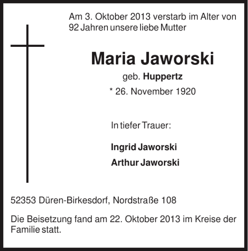  Traueranzeige für Maria Jaworski vom 27.10.2013 aus Super Sonntag / Super Mittwoch