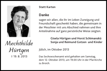 Traueranzeige von Mechthilde Hürtgen von Super Sonntag / Super Mittwoch