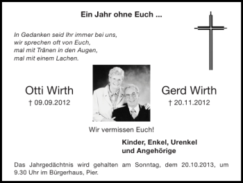 Traueranzeige von Otti Wirth Gerd Wirth von Super Sonntag / Super Mittwoch