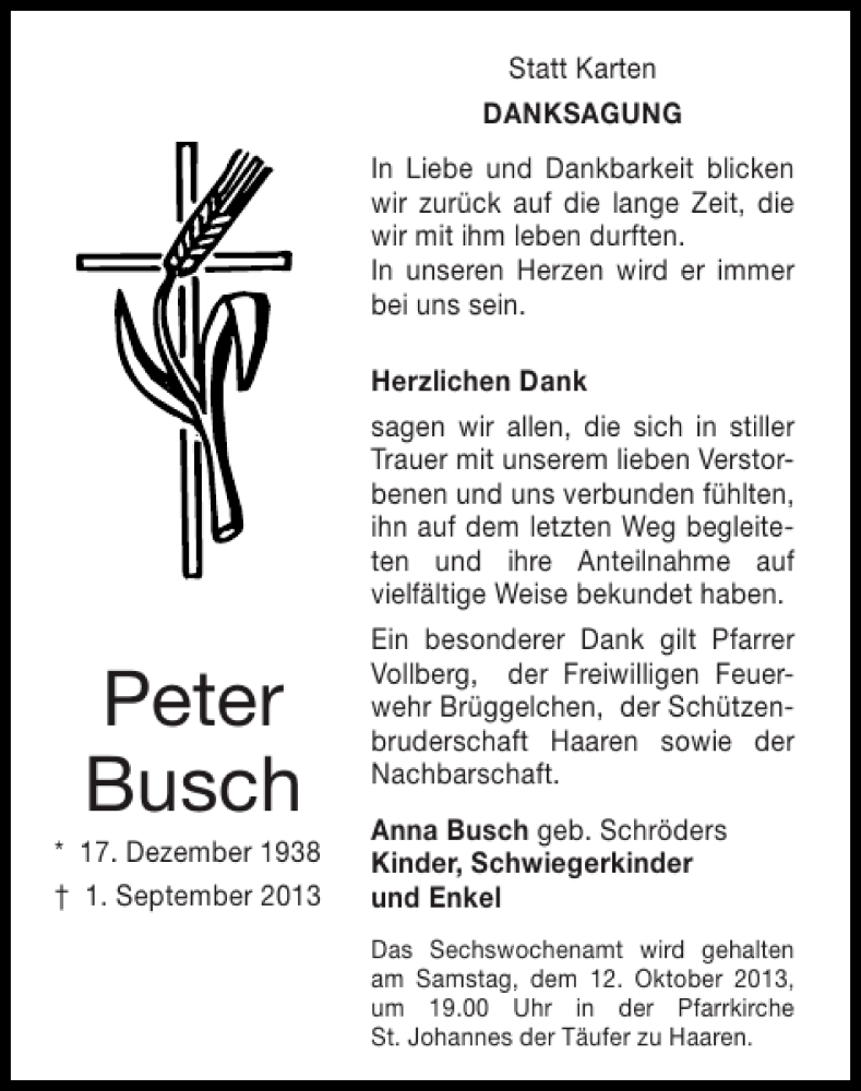  Traueranzeige für Peter Busch vom 06.10.2013 aus Super Sonntag / Super Mittwoch