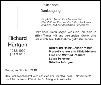Traueranzeige von Richard Hürtgen von Super Sonntag / Super Mittwoch
