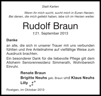 Traueranzeigen von Rudolf Braun Aachen gedenkt