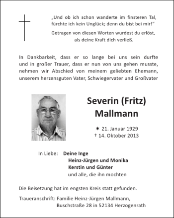 Traueranzeige von Severin Fritz Mallmann von Super Sonntag / Super Mittwoch