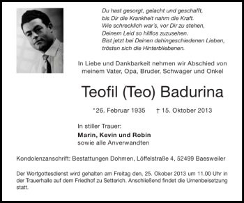 Traueranzeige von Teofil Teo Badurina von Super Sonntag / Super Mittwoch