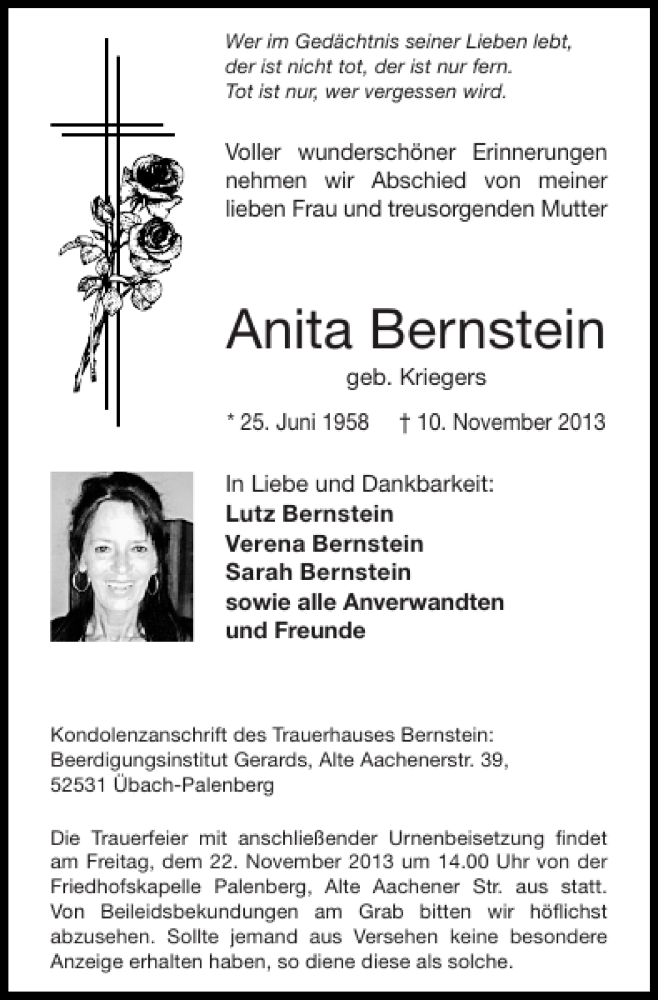  Traueranzeige für Anita Bernstein vom 17.11.2013 aus Super Sonntag / Super Mittwoch