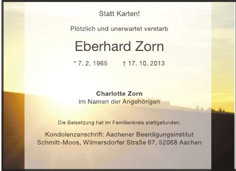 Traueranzeige für Eberhard Zorn vom 02.11.2013 aus Aachener Zeitung / Aachener Nachrichten
