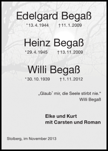 Traueranzeige von Edelgard Begaß Heinz Begaß Willi Begaß  von Super Sonntag / Super Mittwoch