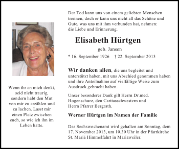 Traueranzeige von Elisabeth Hürtgen von Super Sonntag / Super Mittwoch