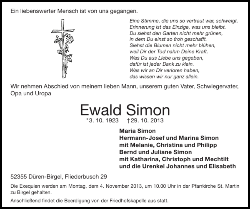  Traueranzeige für Ewald Simon vom 03.11.2013 aus Super Sonntag / Super Mittwoch