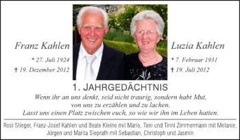 Traueranzeige von Franz Kahlen und Luzia Kahlen von Super Sonntag / Super Mittwoch