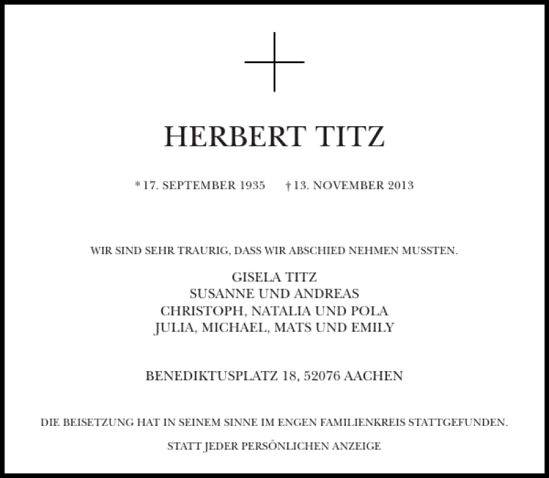  Traueranzeige für HERBERT TITZ vom 30.11.2013 aus Aachener Zeitung / Aachener Nachrichten