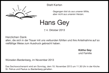 Traueranzeige von Hans Gey von Super Sonntag / Super Mittwoch