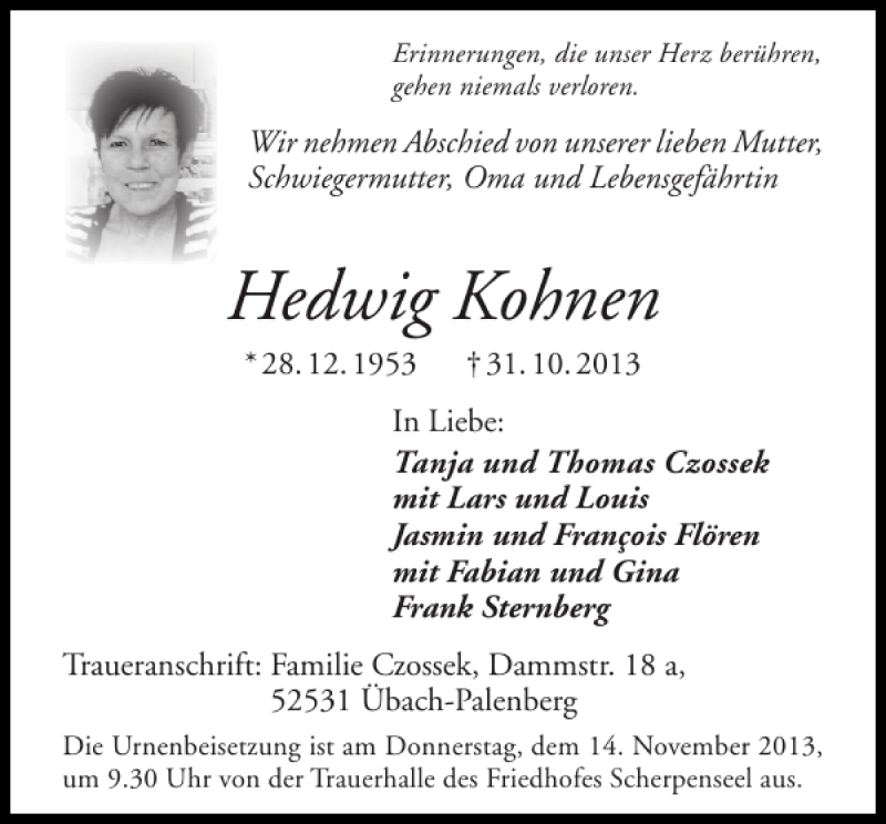  Traueranzeige für Hedwig Kohnen vom 13.11.2013 aus Super Sonntag / Super Mittwoch