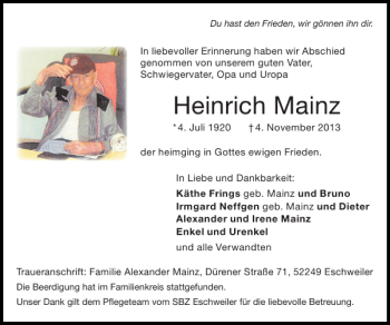 Traueranzeige von Heinrich Mainz von Super Sonntag / Super Mittwoch