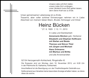 Traueranzeige von Heinz Bücken von Aachener Zeitung / Aachener Nachrichten