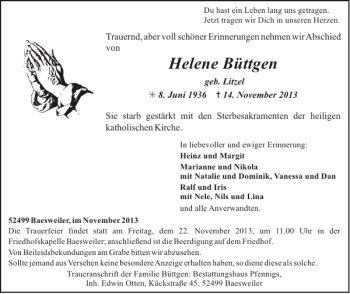 Traueranzeige von Helene Büttgen von Super Sonntag / Super Mittwoch