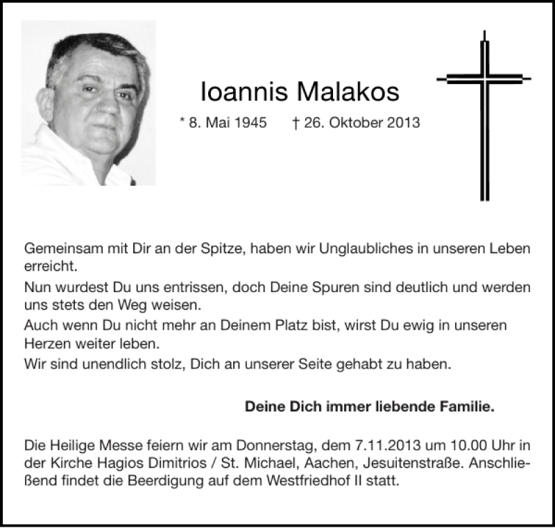  Traueranzeige für Ioannis Malakos vom 02.11.2013 aus Aachener Zeitung / Aachener Nachrichten