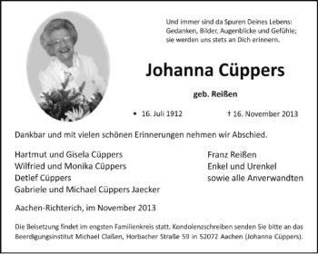 Traueranzeige von Johanna Cüppers von Aachener Zeitung / Aachener Nachrichten