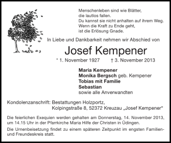 Traueranzeige von Josef Kempener von Super Sonntag / Super Mittwoch