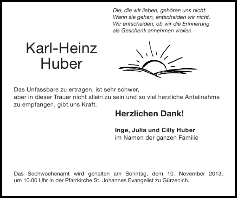  Traueranzeige für Karl-Heinz Huber vom 03.11.2013 aus Super Sonntag / Super Mittwoch