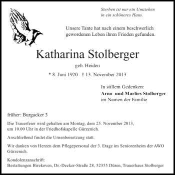 Traueranzeige von Katharina Stolberger von Super Sonntag / Super Mittwoch