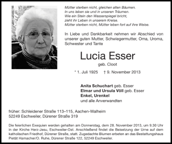 Traueranzeige von Lucia Esser von Super Sonntag / Super Mittwoch