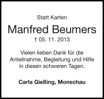 Traueranzeige von Manfred Beumers von Super Sonntag / Super Mittwoch