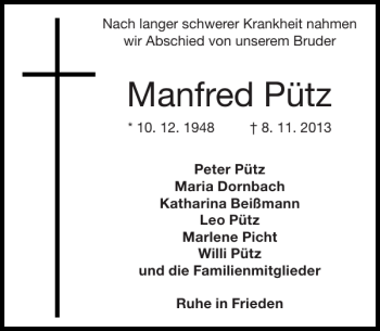 Traueranzeige von Manfred Pütz von Super Sonntag / Super Mittwoch