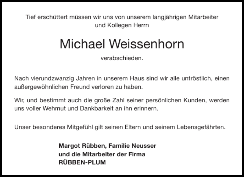  Traueranzeige für Michael Weissenhorn vom 19.11.2013 aus Aachener Zeitung / Aachener Nachrichten