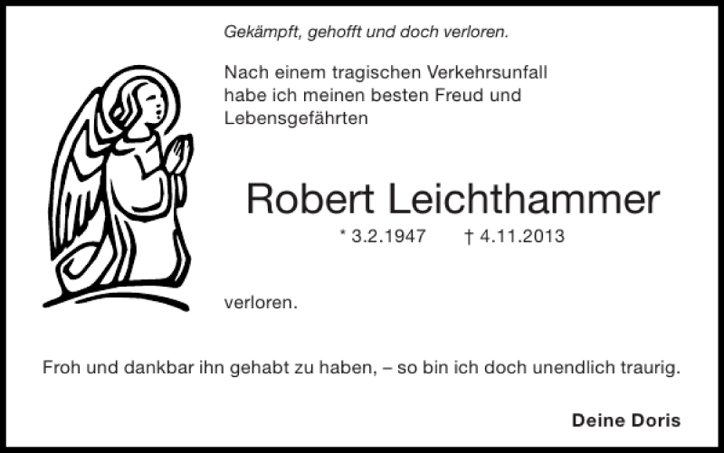 Traueranzeige für Robert Leichthammer vom 10.11.2013 aus Super Sonntag / Super Mittwoch