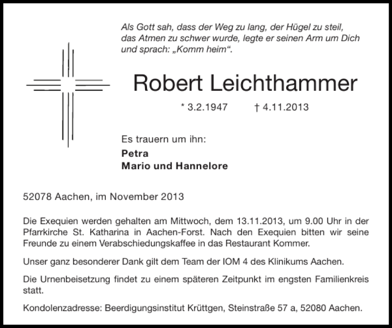 Traueranzeige für Robert Leichthammer vom 10.11.2013 aus Super Sonntag / Super Mittwoch