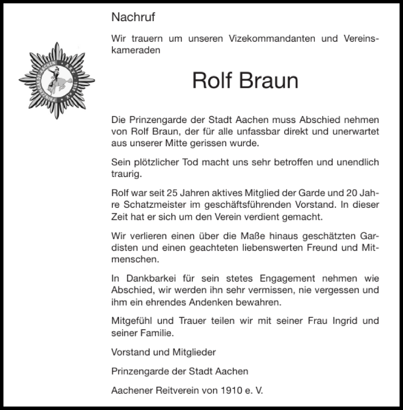  Traueranzeige für Rolf Braun vom 09.11.2013 aus Aachener Zeitung / Aachener Nachrichten