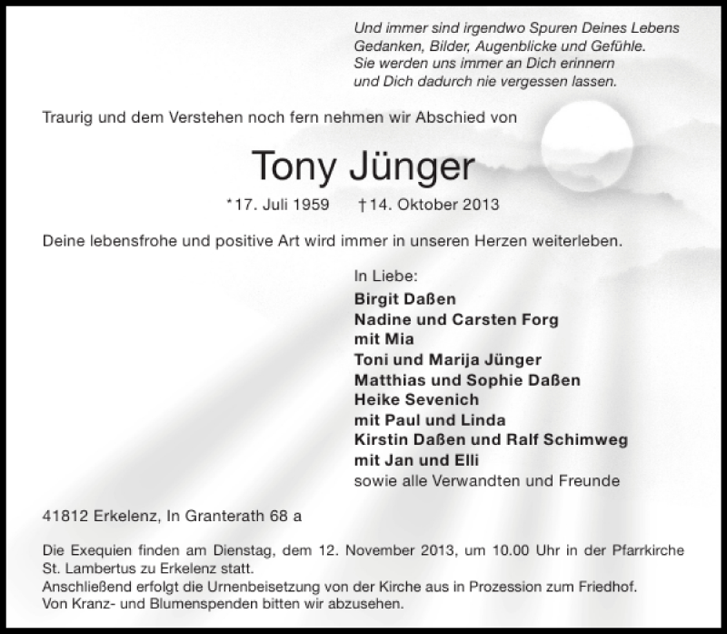  Traueranzeige für Tony Jünger vom 04.11.2013 aus Aachener Zeitung / Aachener Nachrichten