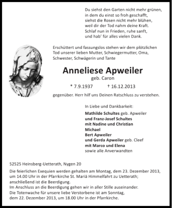 Traueranzeige von Anneliese Apweiler von Aachener Zeitung / Aachener Nachrichten