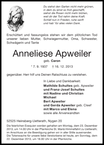Traueranzeige von Anneliese Apweiler von Super Sonntag / Super Mittwoch