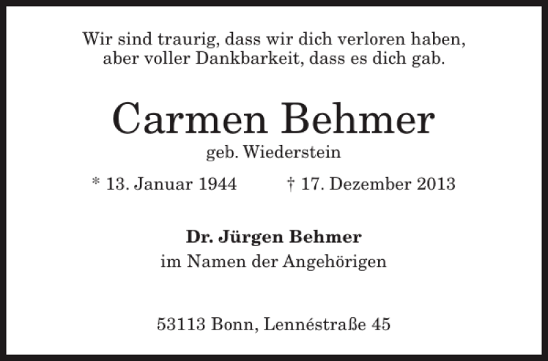  Traueranzeige für Carmen Behmer vom 21.12.2013 aus Aachener Zeitung / Aachener Nachrichten