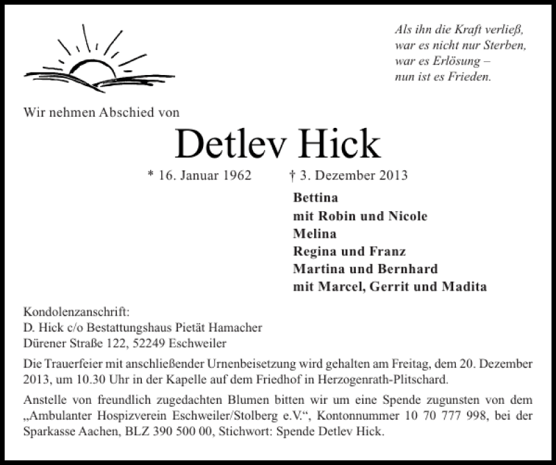  Traueranzeige für Detlev Hick vom 15.12.2013 aus Super Sonntag / Super Mittwoch