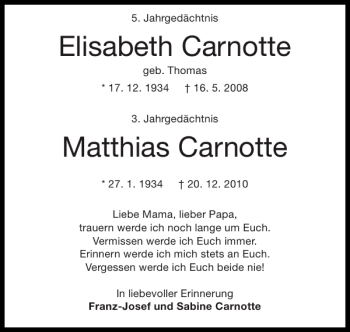 Traueranzeige von Elisabeth Carnotte Matthias Carnotte von Super Sonntag / Super Mittwoch