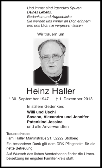 Traueranzeige von Heinz Haller von Super Sonntag / Super Mittwoch