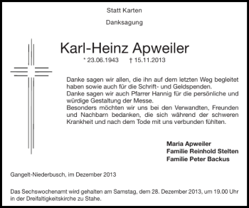 Traueranzeige von Karl-Heinz Apweiler von Super Sonntag / Super Mittwoch
