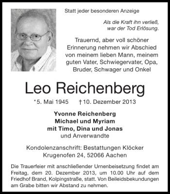 Traueranzeige von Leo Reichenberg von Super Sonntag / Super Mittwoch
