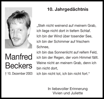 Traueranzeige von Manfred Beckers von Super Sonntag / Super Mittwoch