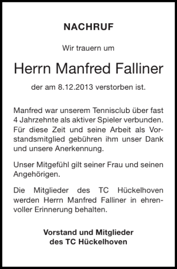 Traueranzeige von Manfred Falliner von Super Sonntag / Super Mittwoch