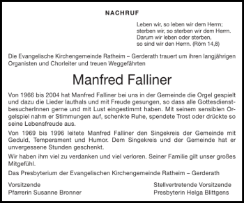 Traueranzeige von Manfred Falliner von Super Sonntag / Super Mittwoch