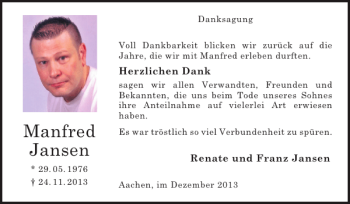 Traueranzeige von Manfred Jansen von Super Sonntag / Super Mittwoch