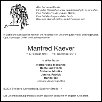 Traueranzeige von Manfred Kaever von Super Sonntag / Super Mittwoch